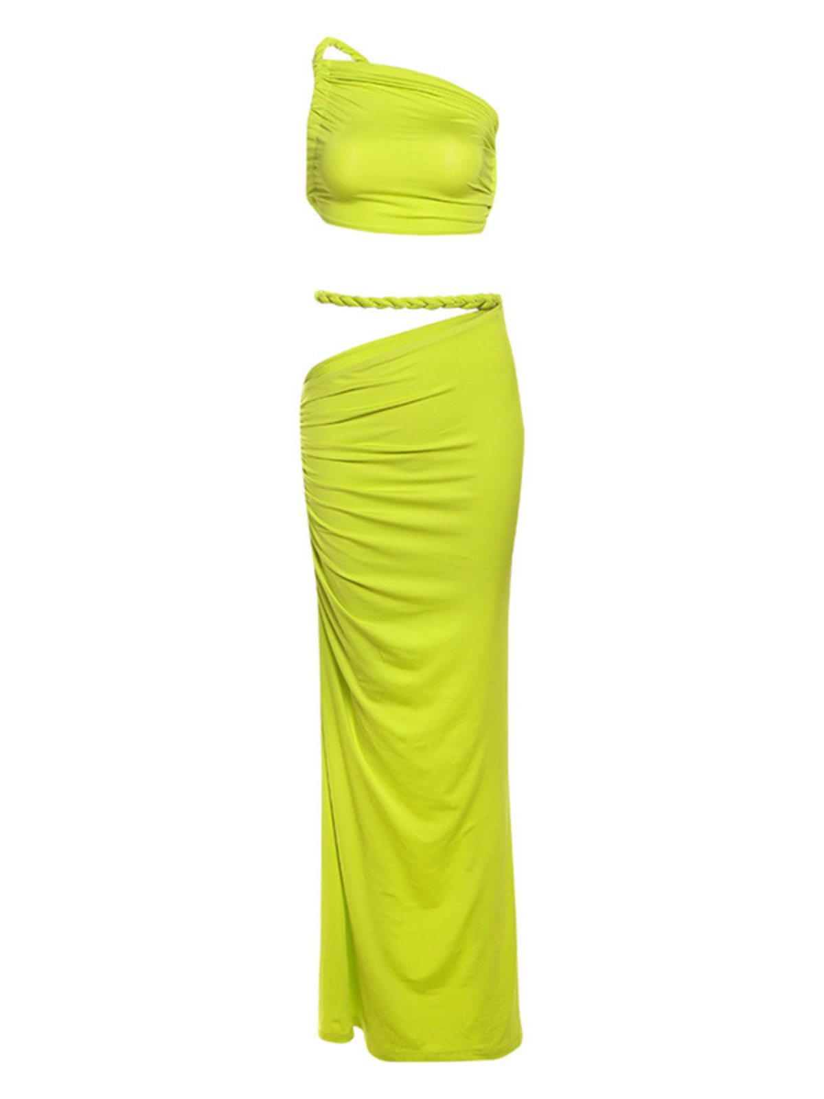 Valphyx Backless Cutout Ruched Skirt Set In Lime Yellow