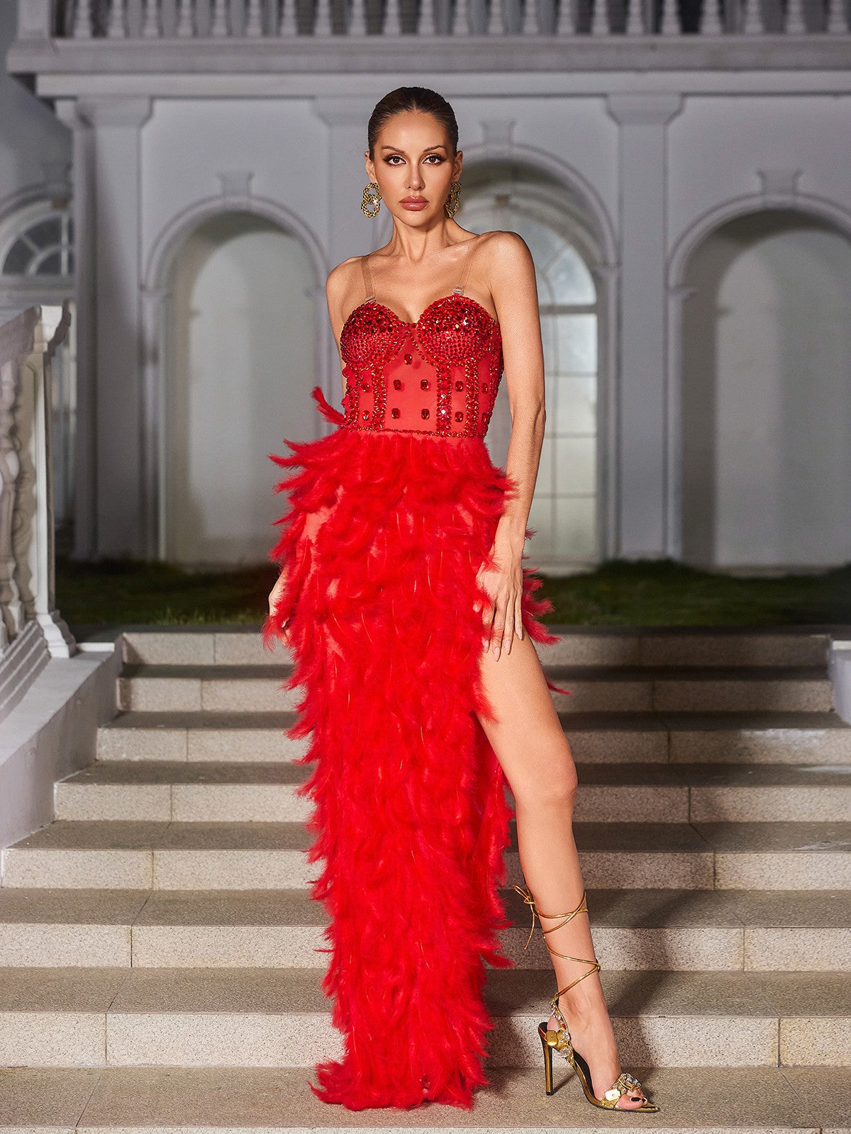 Vieby Strapless Rhinestone Feather Maxi Dress In Red