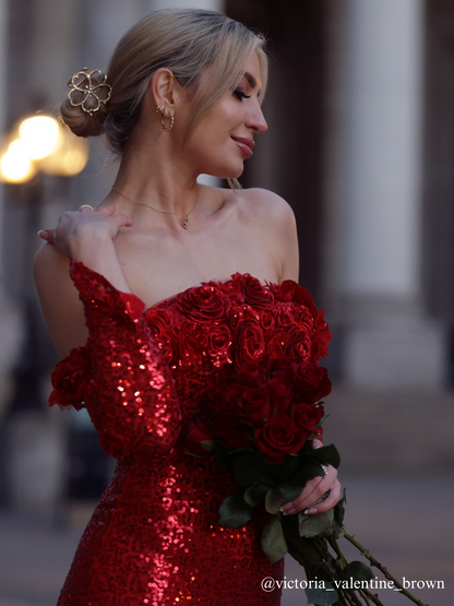 Catherynne Off Shoulder Flower Sequin Maxi Dress