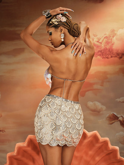 Akili Halterneck Sequin Scale Top In Mermaid