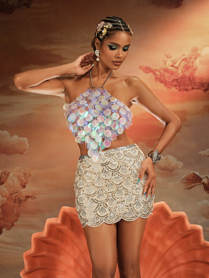 Akili Halterneck Sequin Scale Top In Mermaid