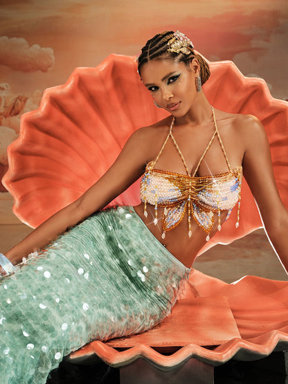 Akoni Halterneck Fringe Beaded Bralette