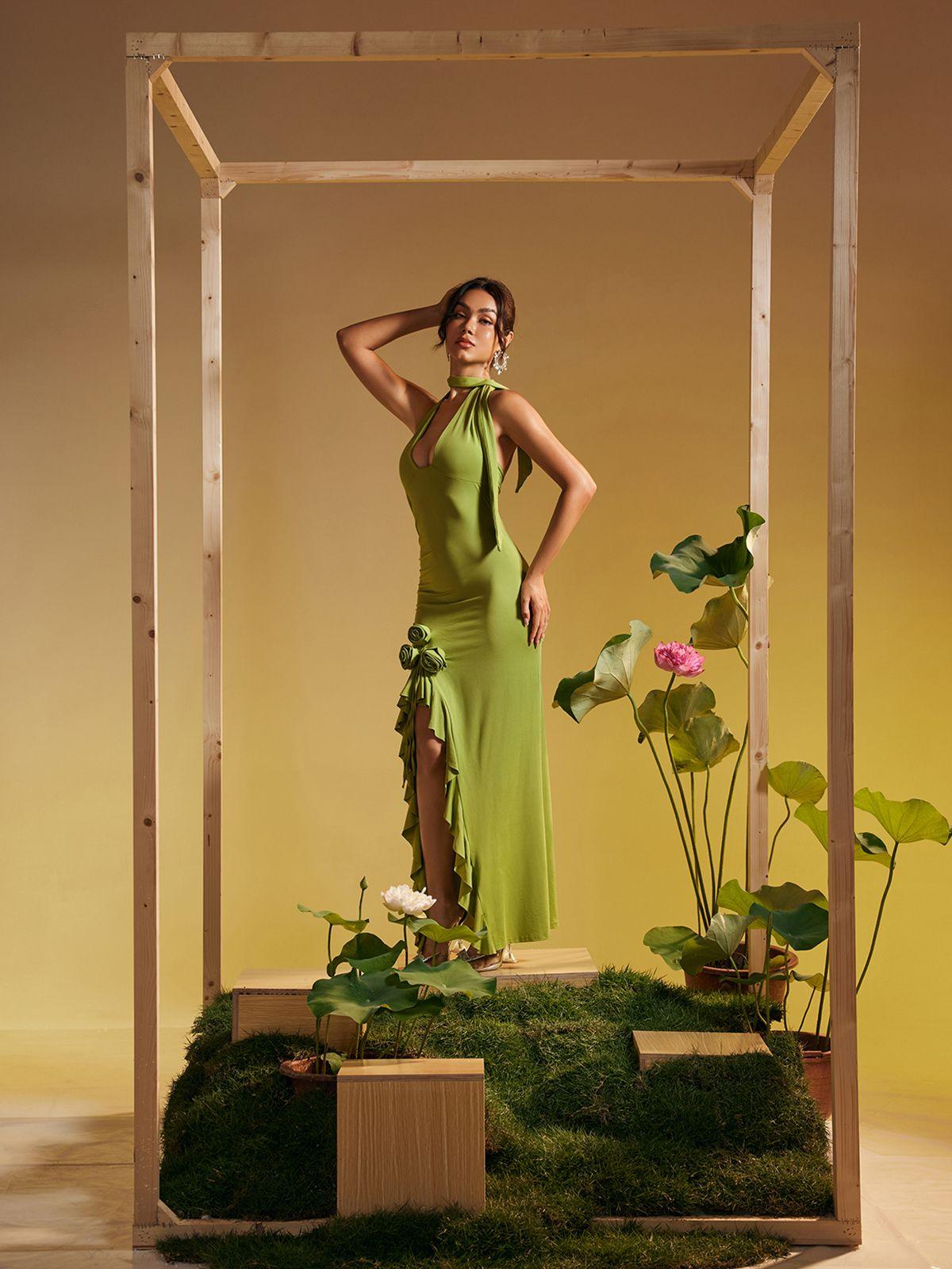 Alara Halterneck Flower Ruffle Maxi Dress In Green