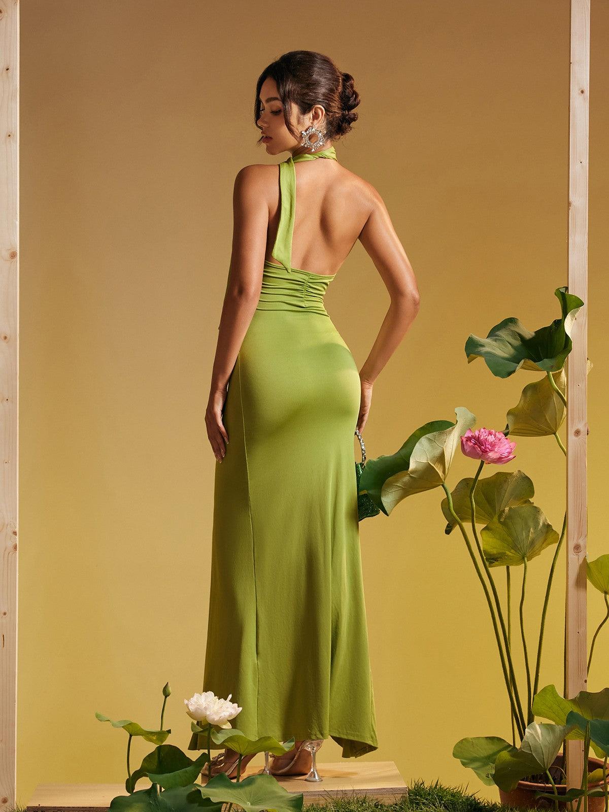 Alara Halterneck Flower Ruffle Maxi Dress In Green