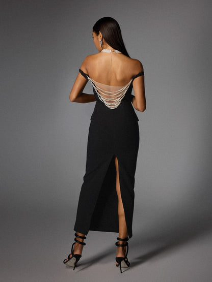 Albinia Backless Pearl Beaded Midi Dress