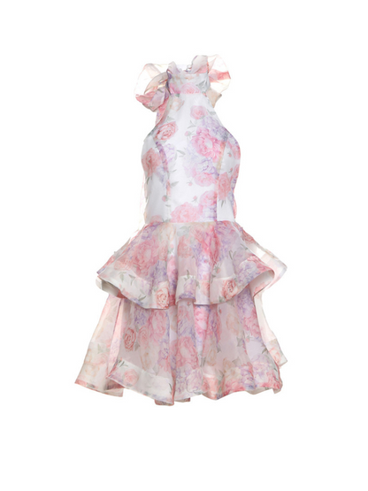 Alecto Backless Flower Printed Bow Mini Dress