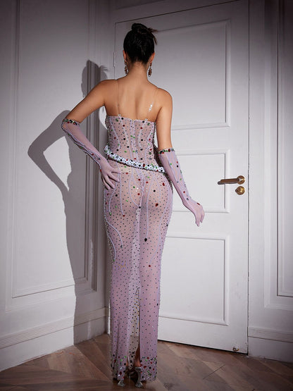 Aleia Snake Twisted Rhinestone Maxi Dress With Gloves