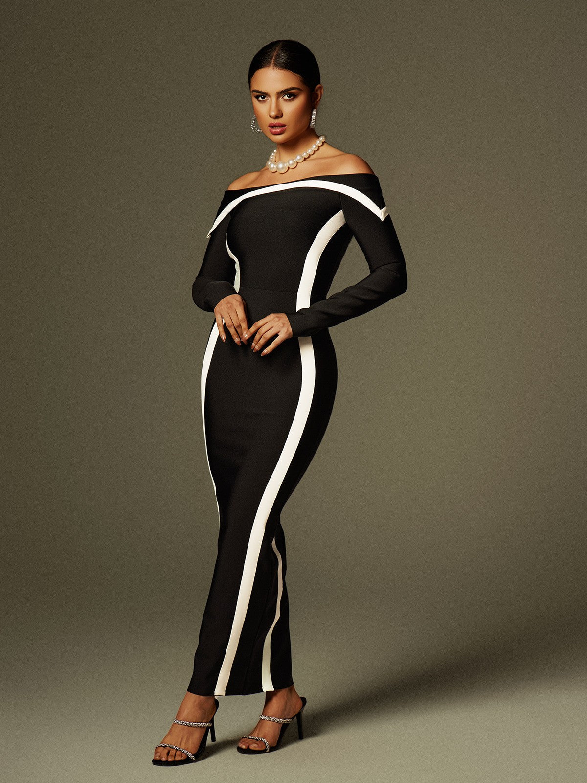 Alyvia Off Shoulder Stripe Bandage Maxi Dress
