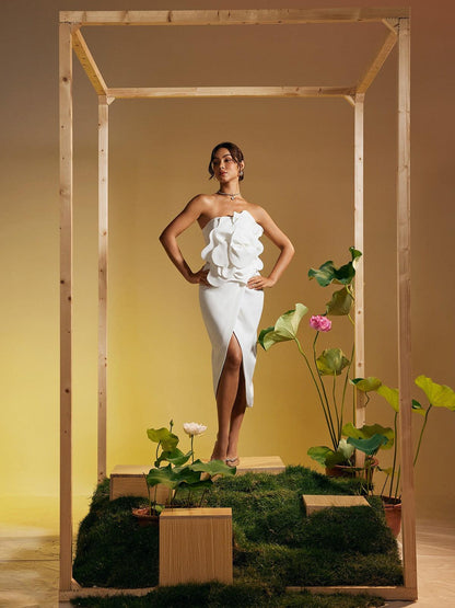 Amadou Strapless Flower Split Midi Dress