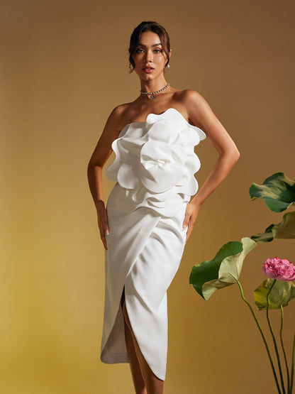 Amadou Strapless Flower Split Midi Dress