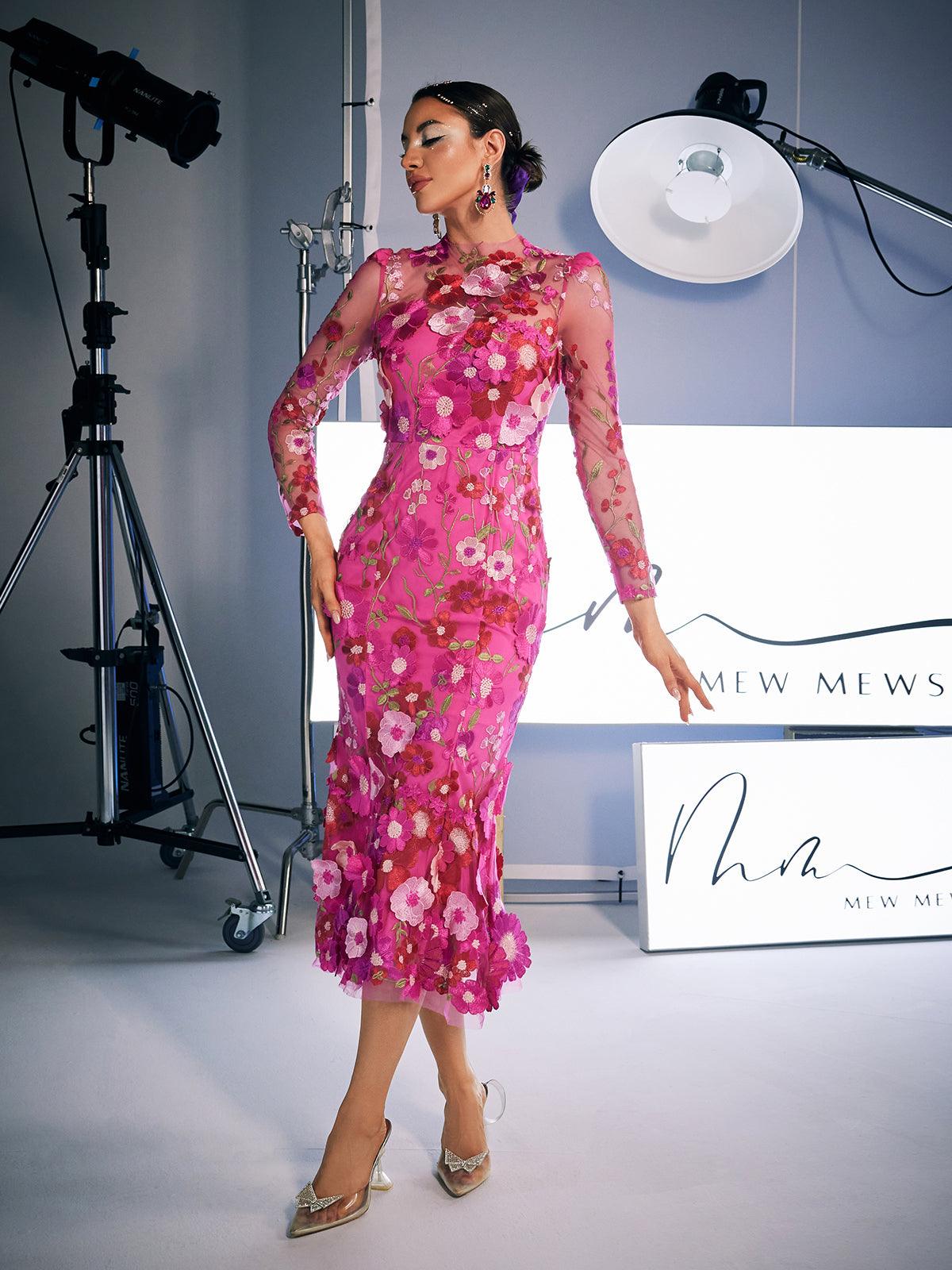 Amara Long Sleeve Embroidered Midi Dress In Hot Pink