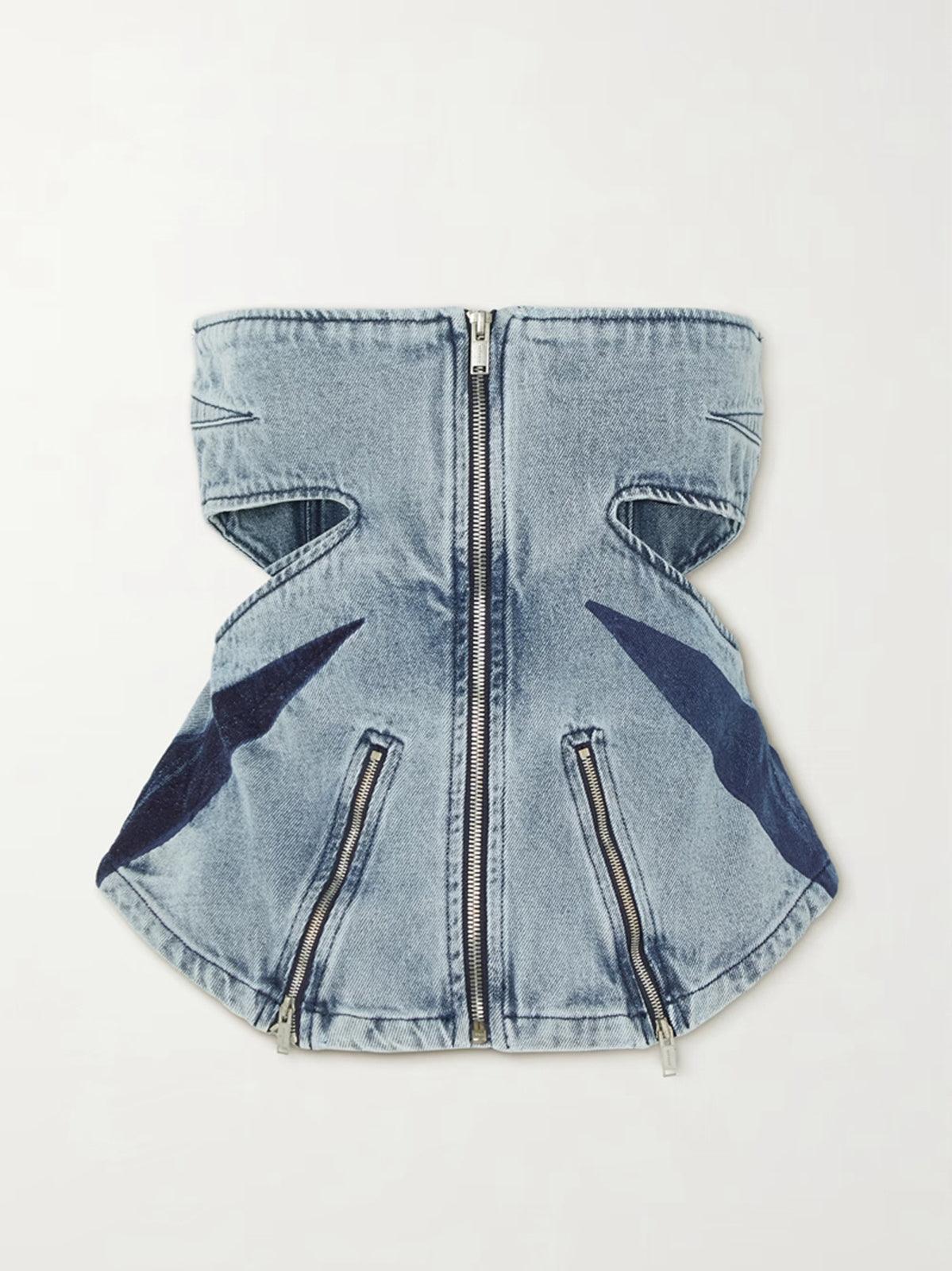 Amarel Strapless Cutout Zip Denim Top