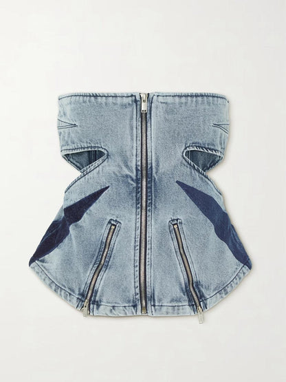 Amarel Strapless Cutout Zip Denim Top