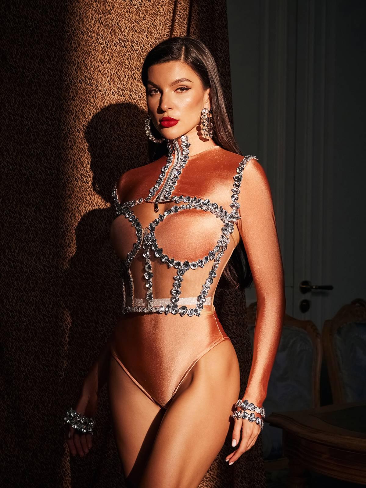 Ambra Rhinestone Corset Bodysuit Set In Nude