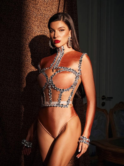Ambra Rhinestone Corset Bodysuit Set In Nude