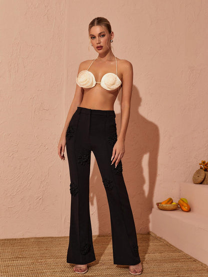 Anders Halterneck Flower Top In Beige