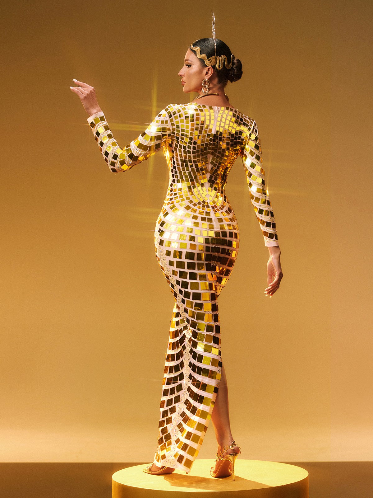 Angie Long Sleeve Curve Embellished Maxi Dress In Gold