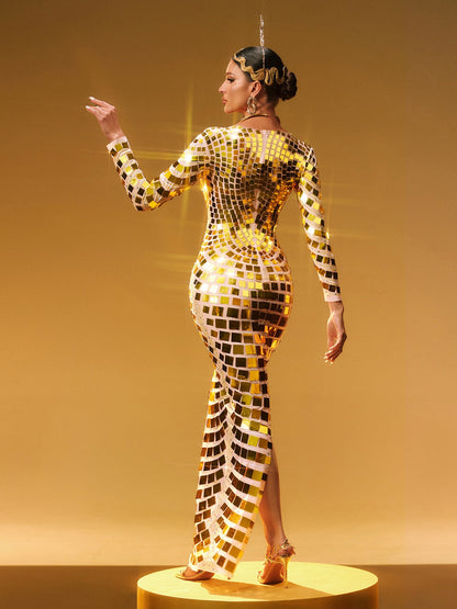 Angie Long Sleeve Curve Embellished Maxi Dress In Gold