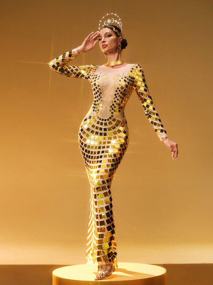 Angie Long Sleeve Curve Embellished Maxi Dress In Gold