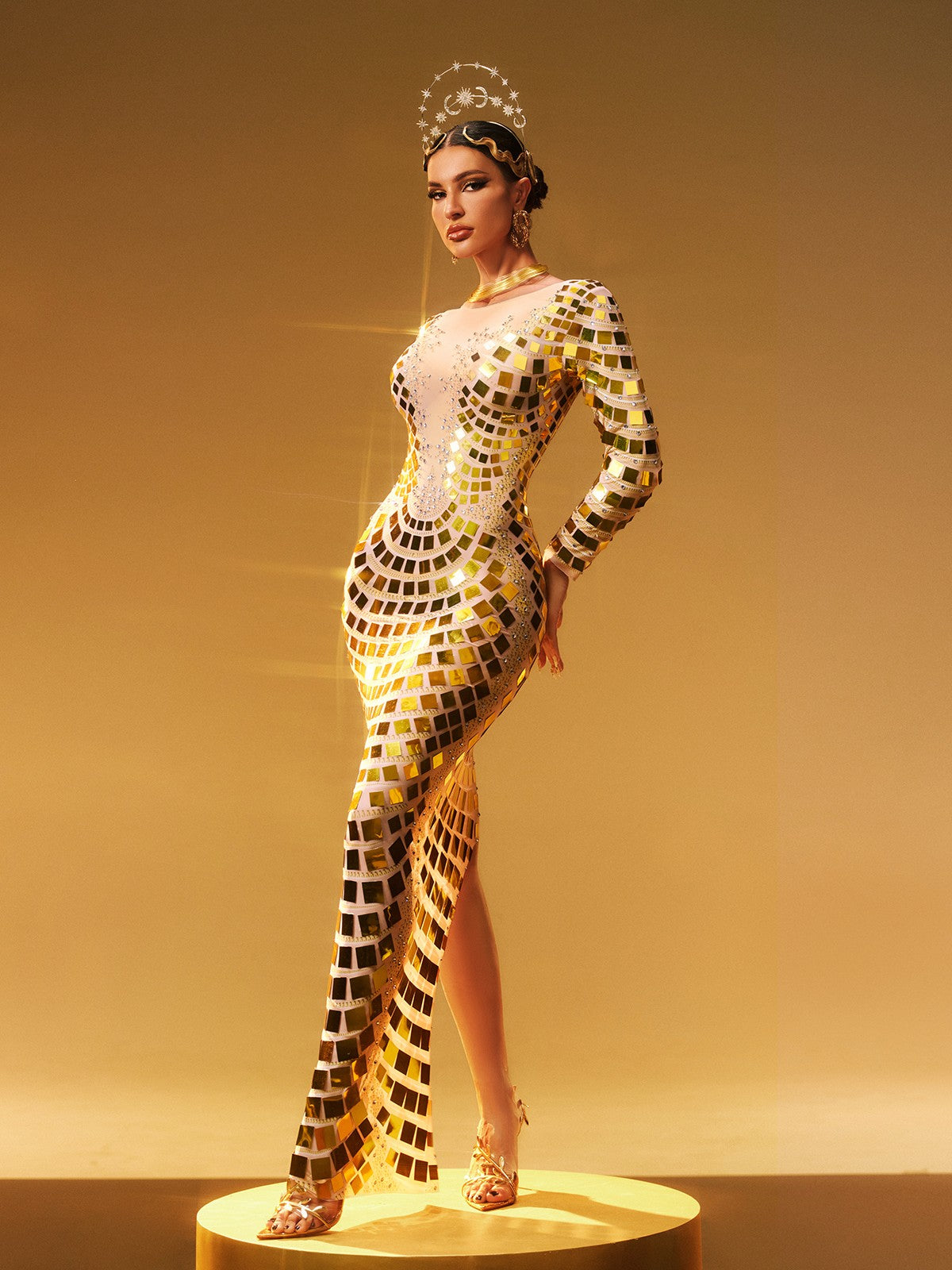 Angie Long Sleeve Curve Embellished Maxi Dress In Gold