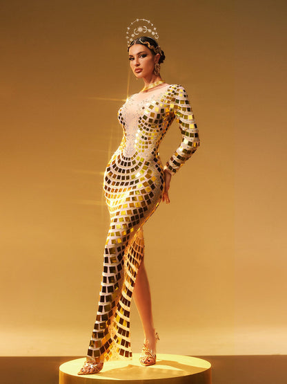 Angie Long Sleeve Curve Embellished Maxi Dress In Gold