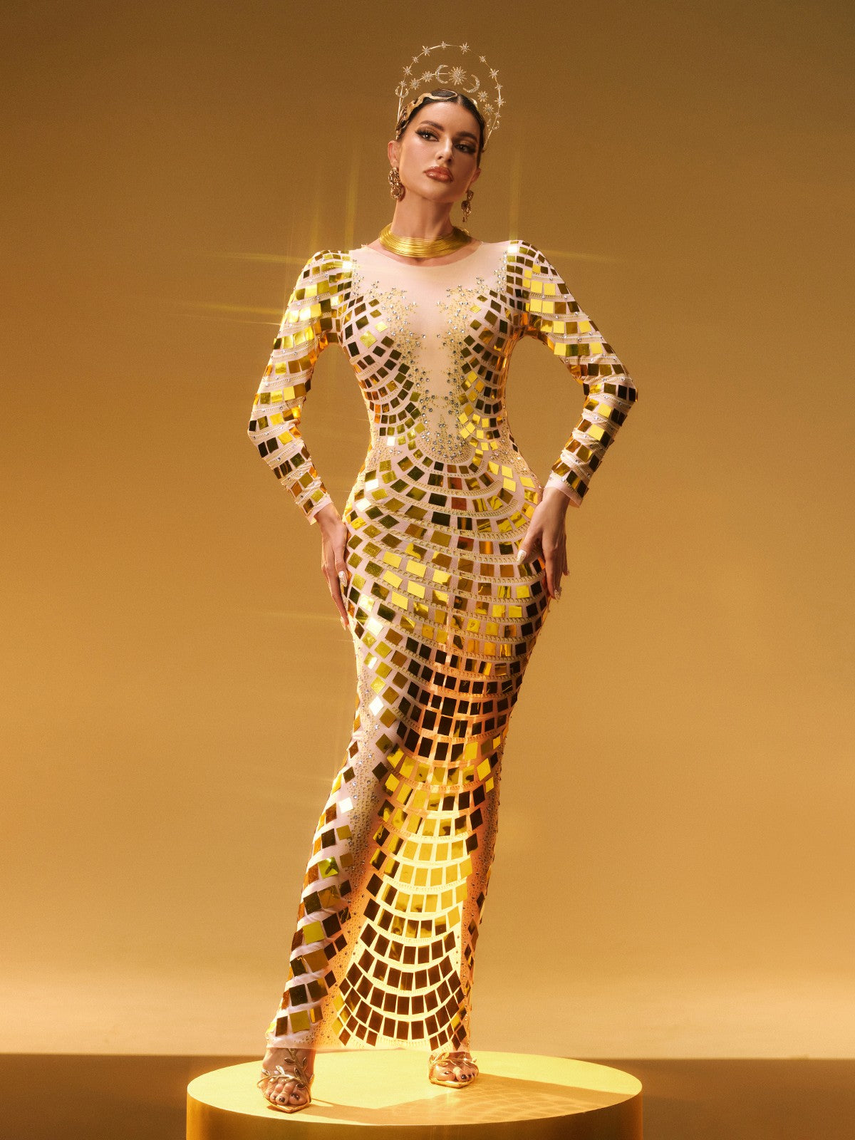 Angie Long Sleeve Curve Embellished Maxi Dress In Gold