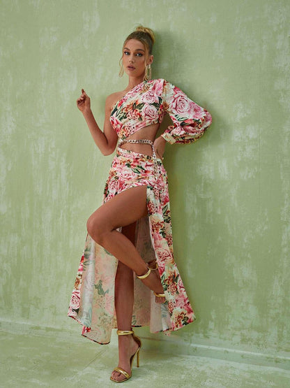 Annabella One Shoulder Floral Cutout Maxi Dress In Pink