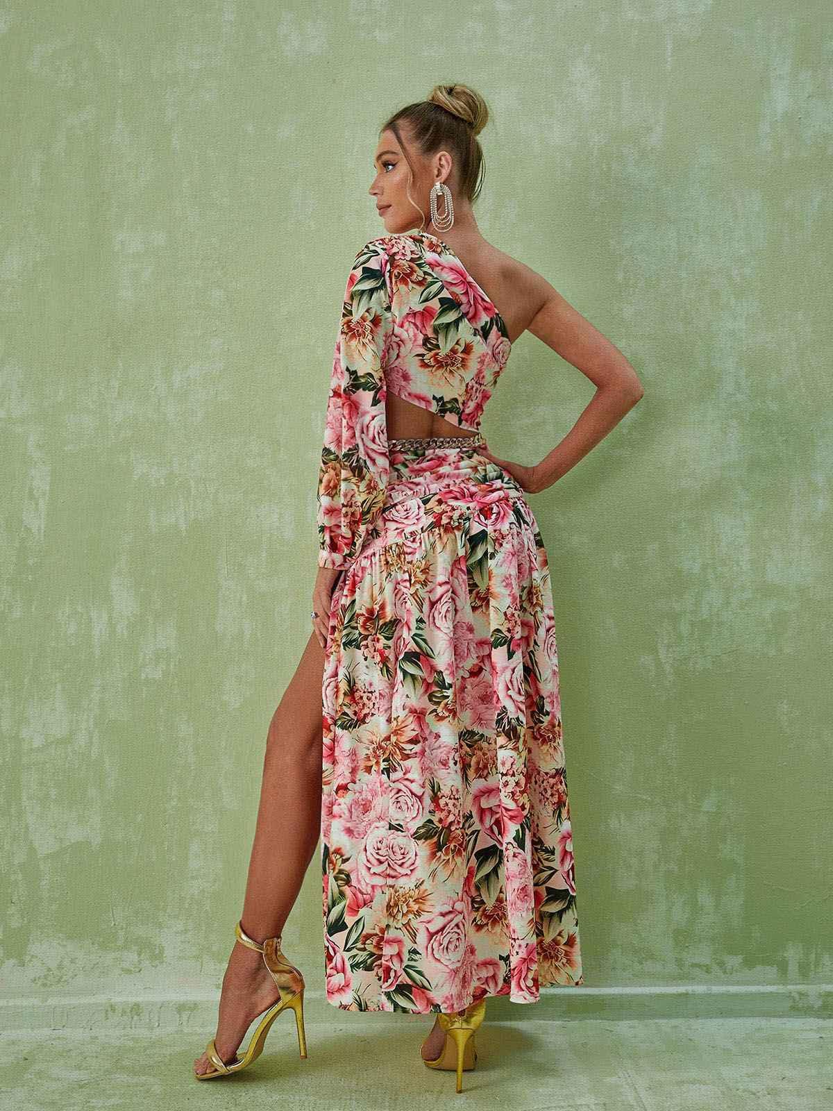 Annabella One Shoulder Floral Cutout Maxi Dress In Pink