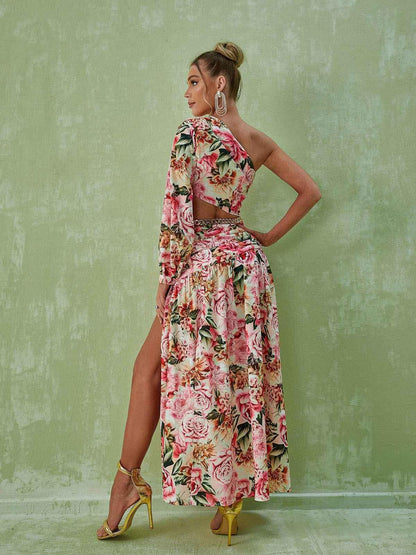 Annabella One Shoulder Floral Cutout Maxi Dress In Pink