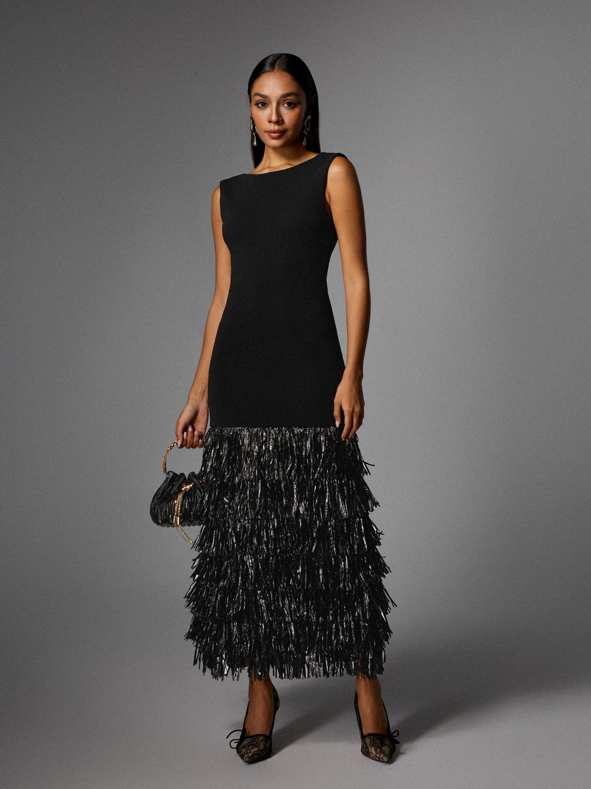Anzeline Backless Fringe Knitted Maxi Dress