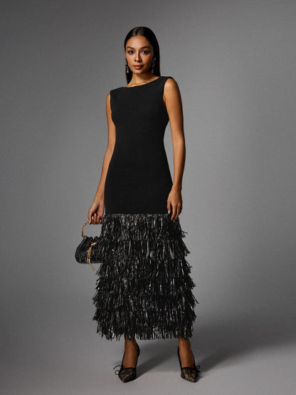 Anzeline Backless Fringe Knitted Maxi Dress