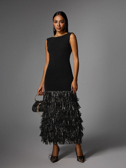 Anzeline Backless Fringe Knitted Maxi Dress