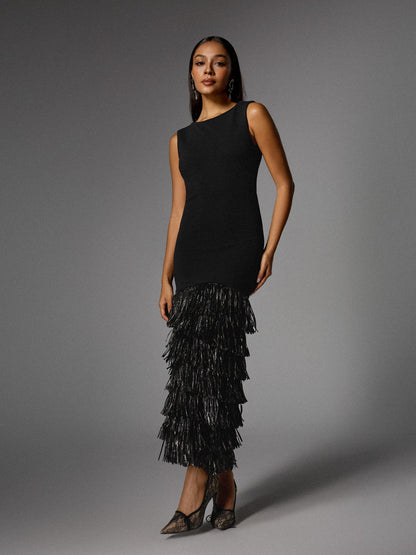 Anzeline Backless Fringe Knitted Maxi Dress