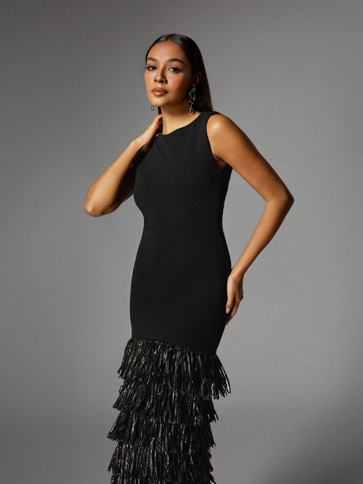 Anzeline Backless Fringe Knitted Maxi Dress