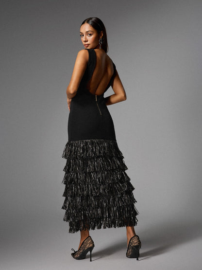Anzeline Backless Fringe Knitted Maxi Dress