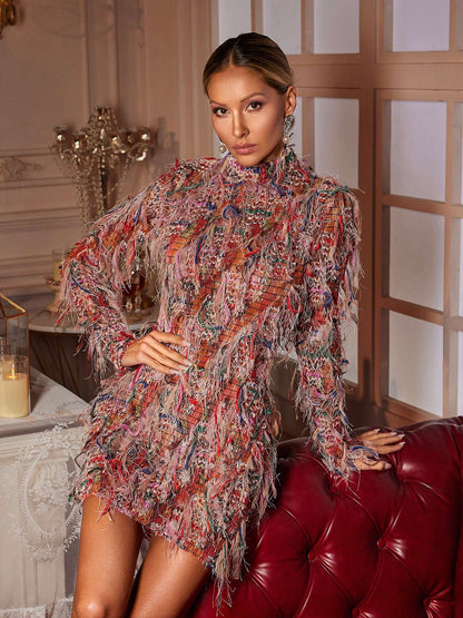 Archki Long Sleeve Fringe Mini Dress