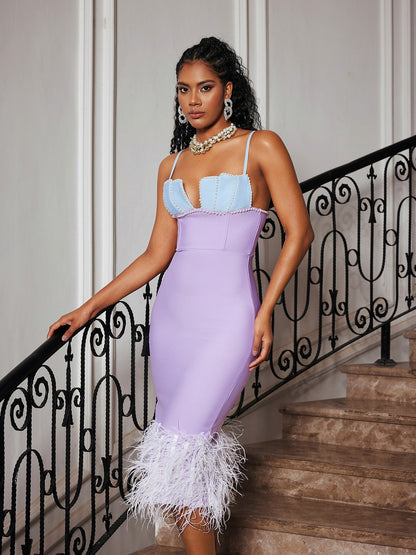 Arife Spaghetti Pearl Feather Bandage Dress