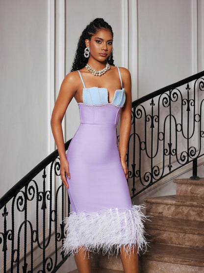 Arife Spaghetti Pearl Feather Bandage Dress