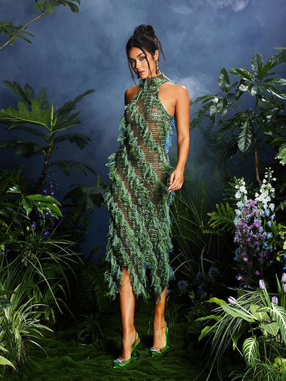 Arlo Halterneck Backless Hollow Midi Dress In Green