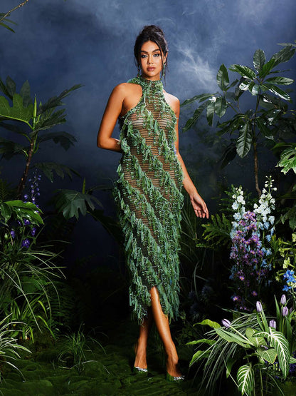 Arlo Halterneck Backless Hollow Midi Dress In Green