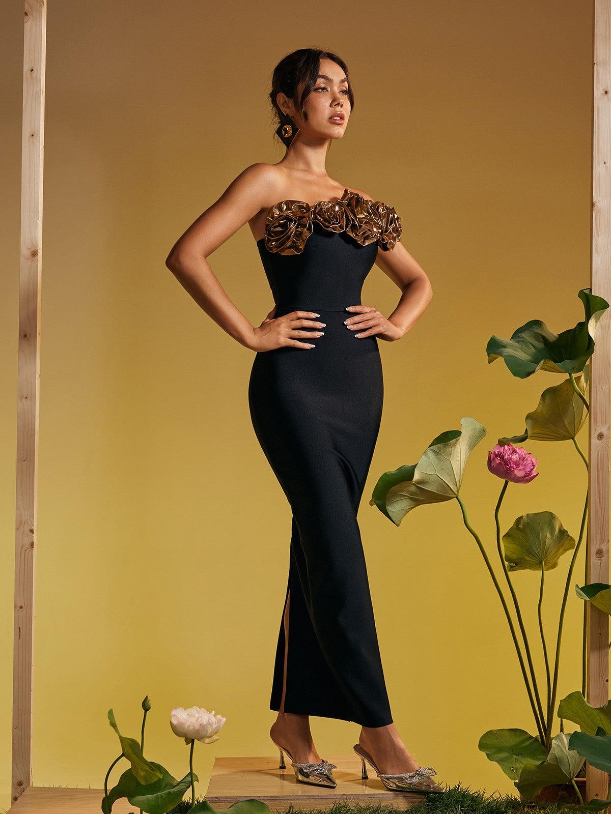 Arnau One Shoulder Flower Bandage Maxi Dress In Gold