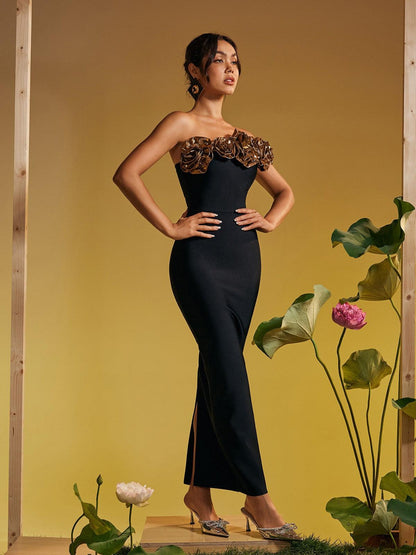 Arnau One Shoulder Flower Bandage Maxi Dress In Gold