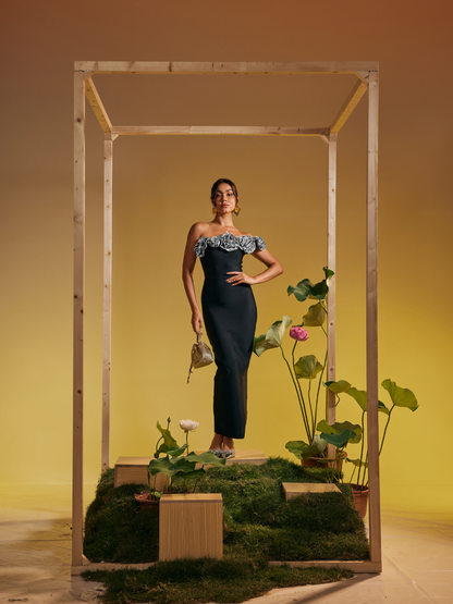 Arnau One Shoulder Flower Bandage Maxi Dress In Silver