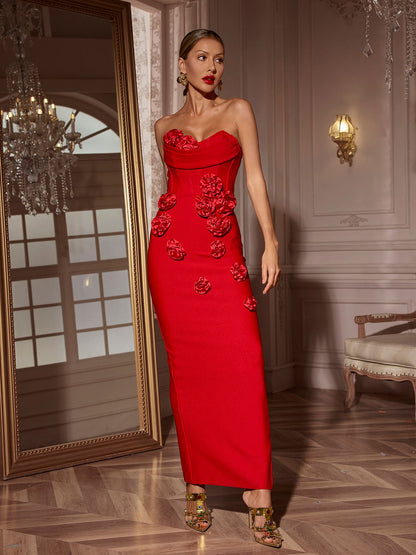 Arushi Strapless Flower Bandage Dress In Red