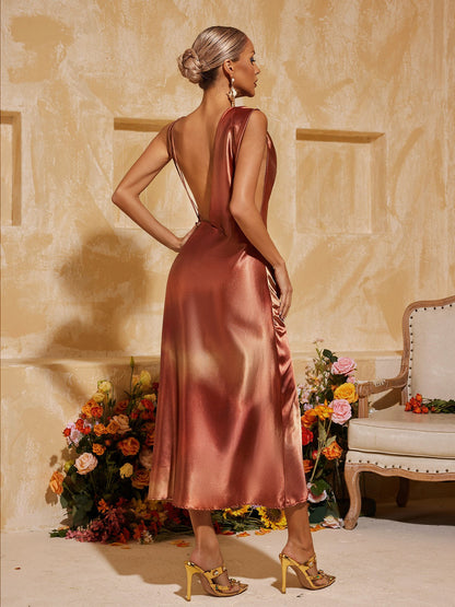 Aryndriel Sleeveless Cowl Neck Satin Midi Dress