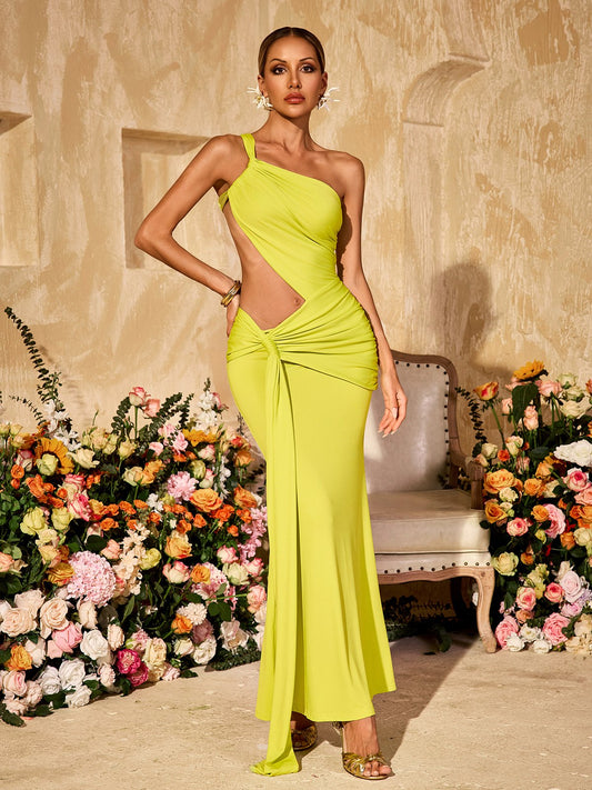 Arythix Cutout Draped Maxi Dress In Lime Yellow