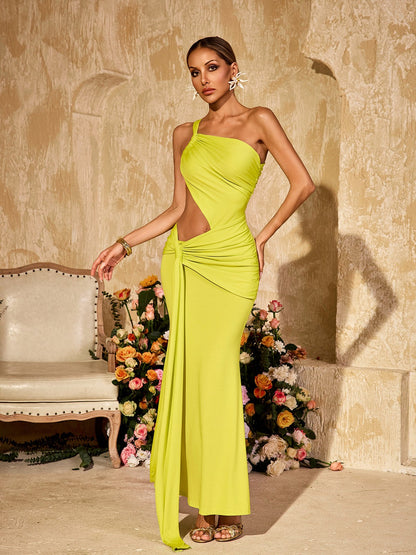 Arythix Cutout Draped Maxi Dress In Lime Yellow