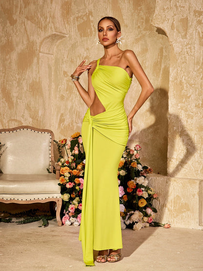 Arythix Cutout Draped Maxi Dress In Lime Yellow