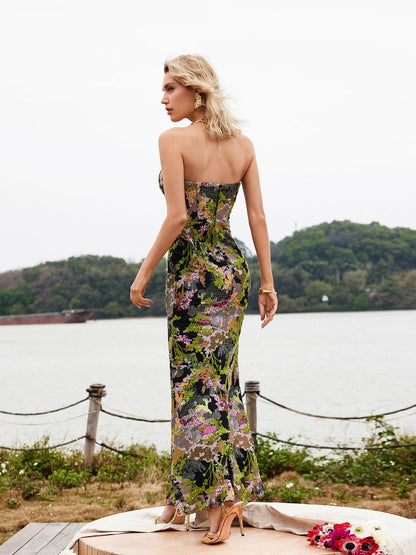 Asa Strapless Floral Sequin Maxi Dress
