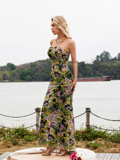 Asa Strapless Floral Sequin Maxi Dress